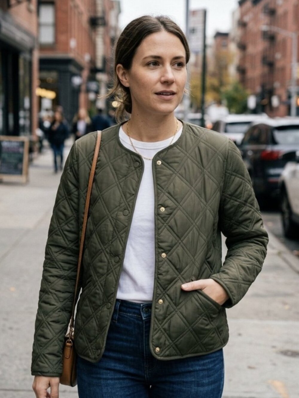 Weatherproof Collarless Quilted Jacket - Olive Green (Size M)